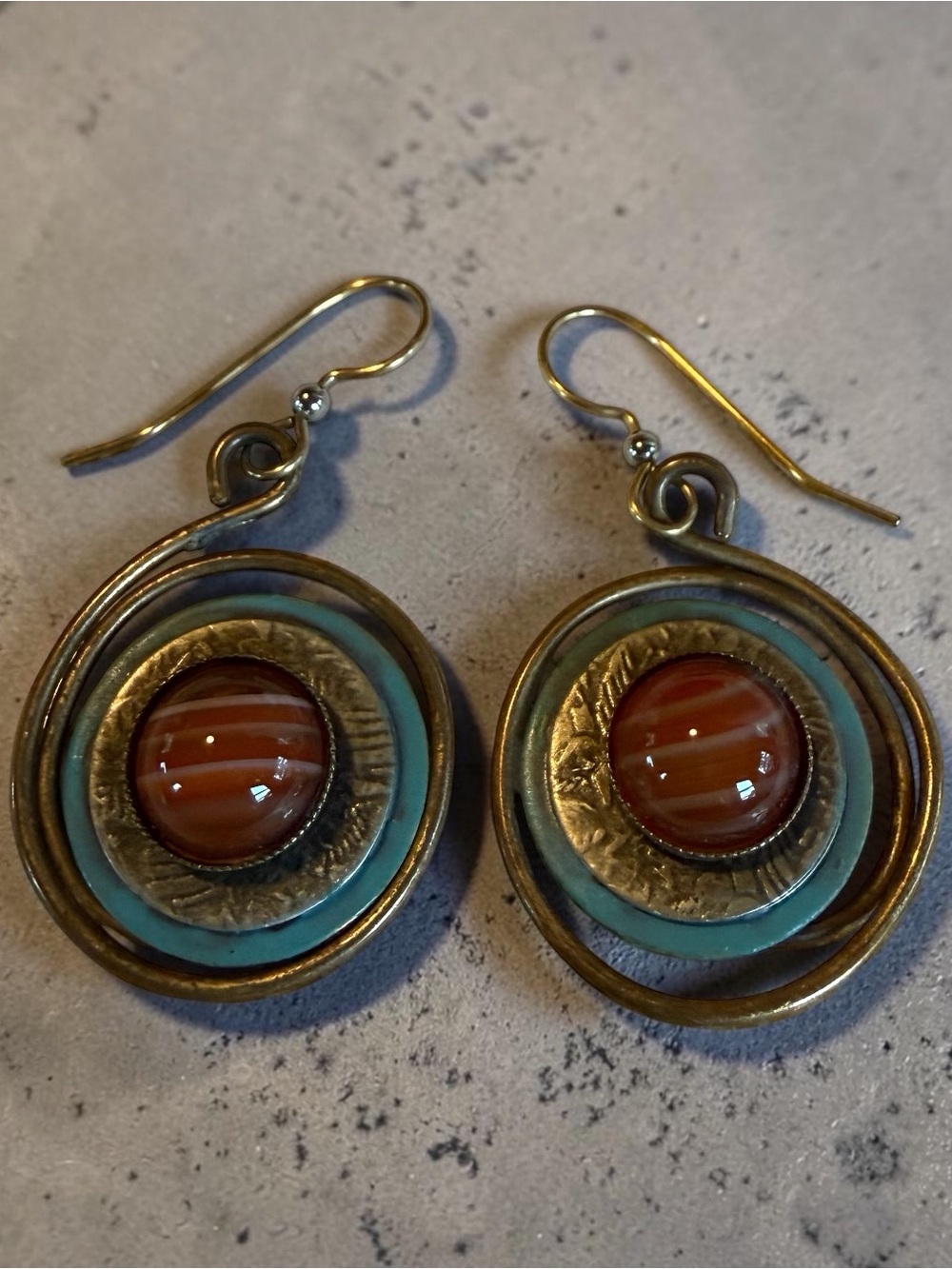 Brass Turquoise and Brown Stone Drop Earrings